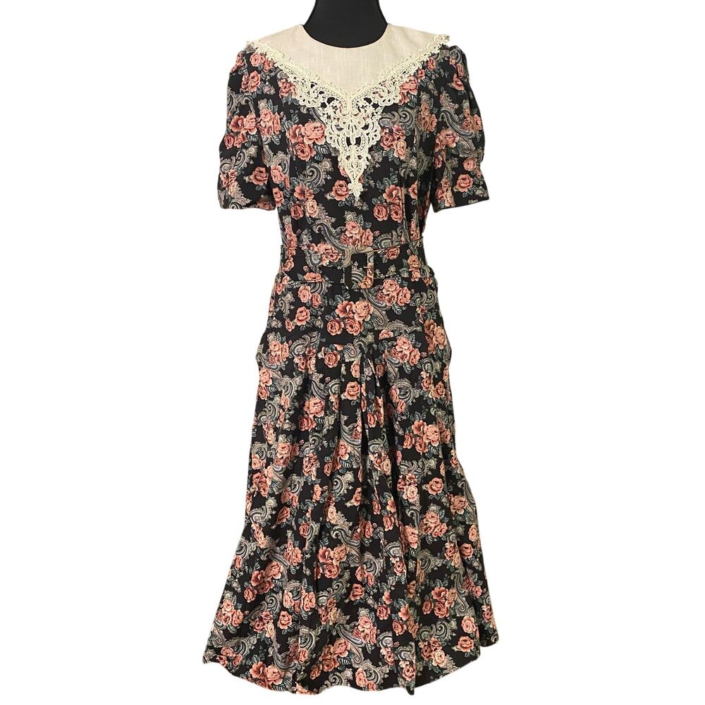 Vintage 90s Floral Paisley Lace Collar Puff Sleeve Belt Midi Dress Pockets 8/10